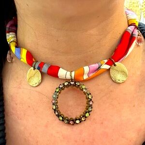 Designer Inspired Multicolor Silk Scarf Necklace with Vintage Pendant Charms